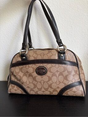 Vintage Coach Peyton  Brown Signature Canvas Shoulder Bag with Dark Brown Trim